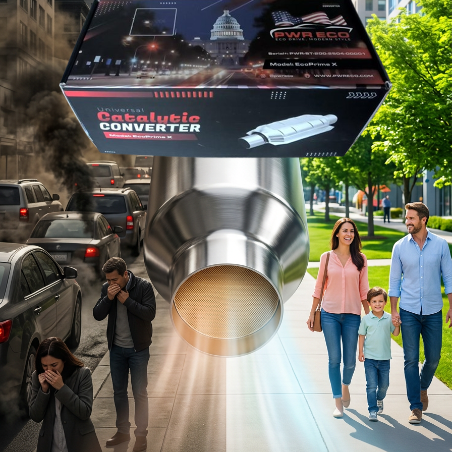 PWRECO catalytic converter: polluted exhaust vs. clean air — an ecological future.